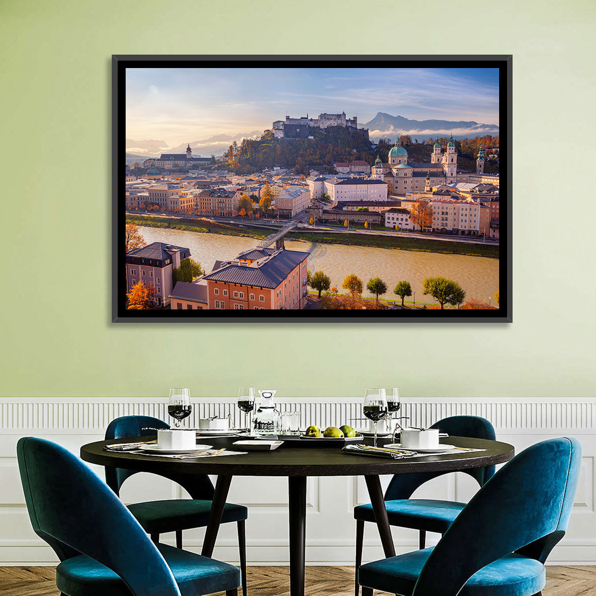Salzburg Skyline at Golden Hour Wall Art in a room, landscape