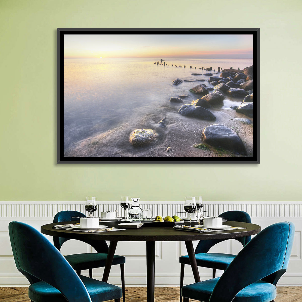 Michigan Shoreline Pilings Wall Art in a room, landscape