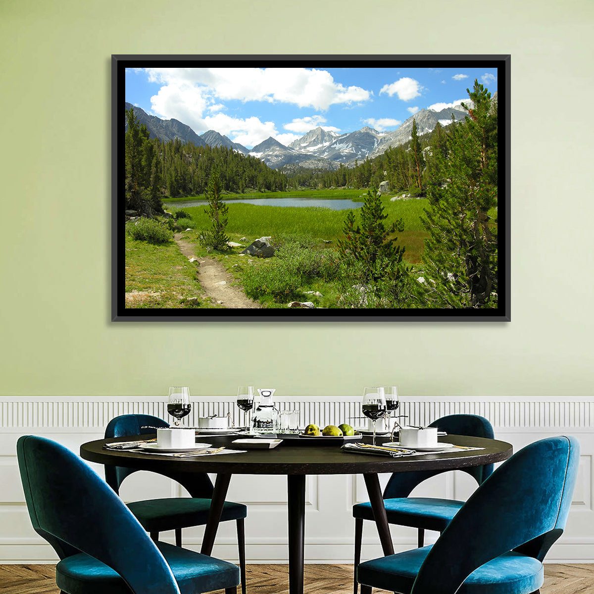 Sierra Nevada Trail to Snow Capped Peaks Wall Art in a room, landscape