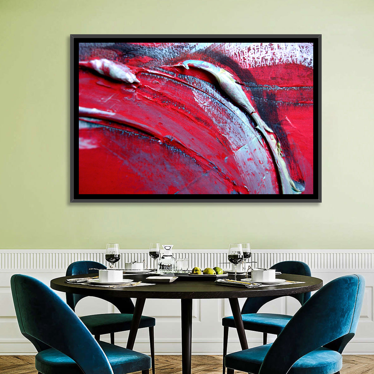 Crimson Impasto Motion Wall Art in a room, landscape