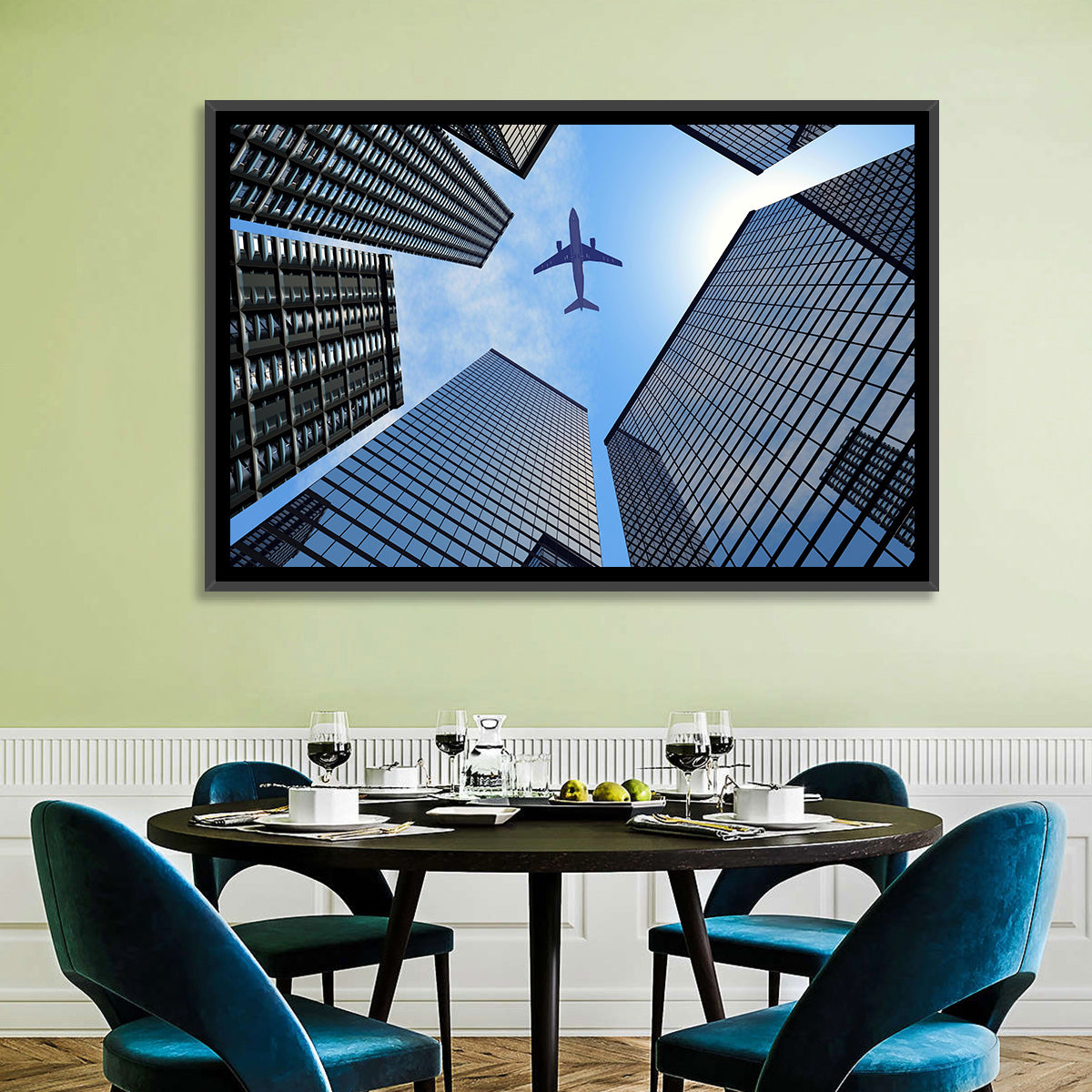 Airplane Above Skyscrapers Wall Art in a room, landscape