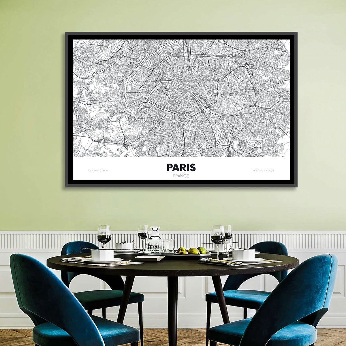 Paris Aerial Map Wall Art in a room, landscape
