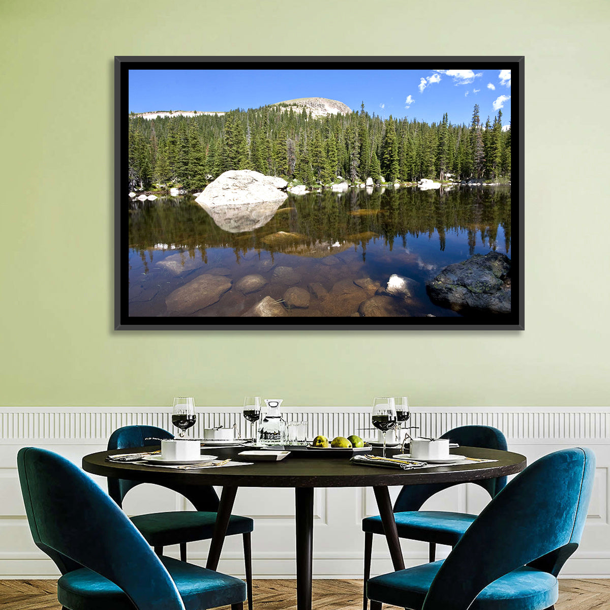 Colorado Forest Lake Reflection Wall Art in a room, landscape