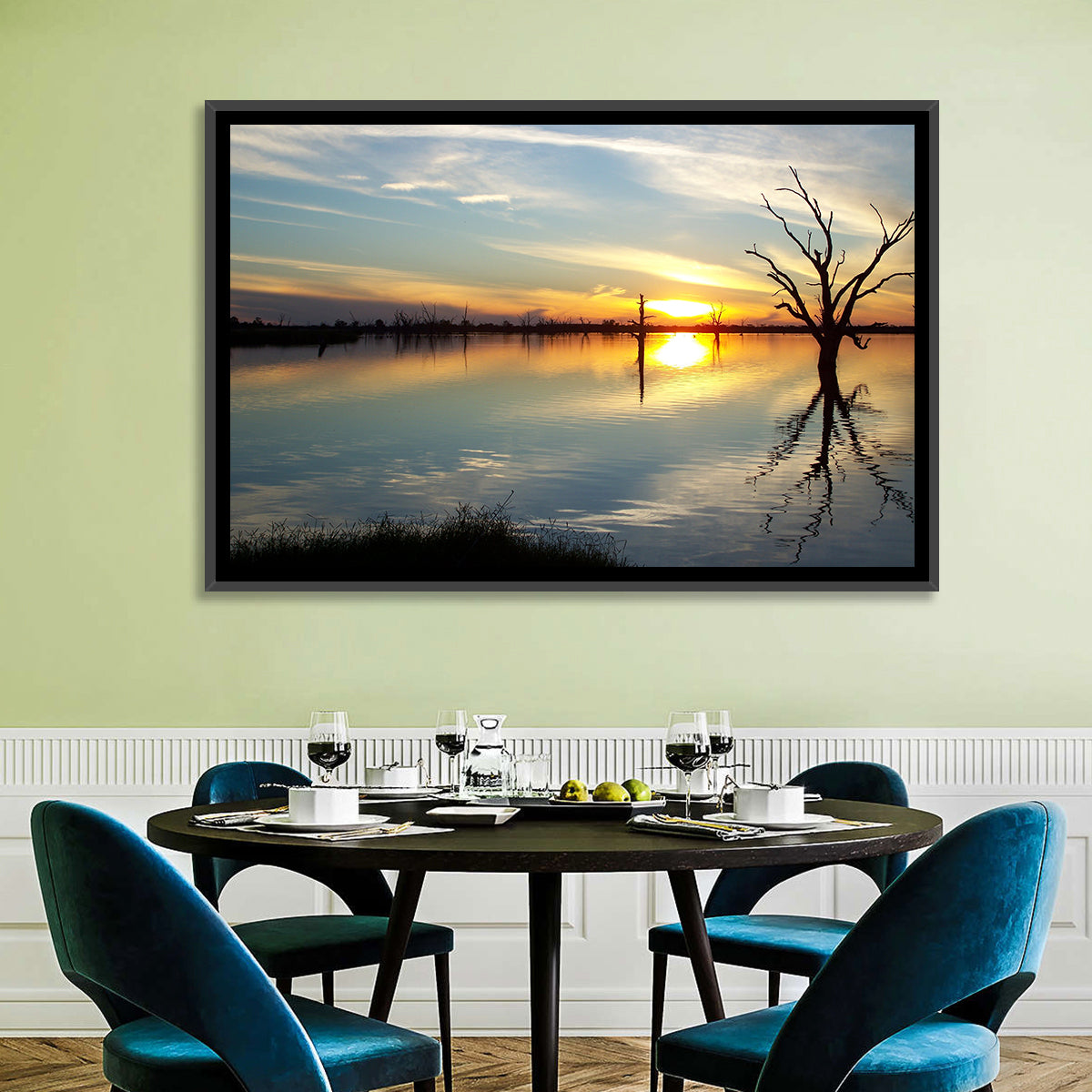 Murray River Sunset Reflection Wall Art in a room, landscape