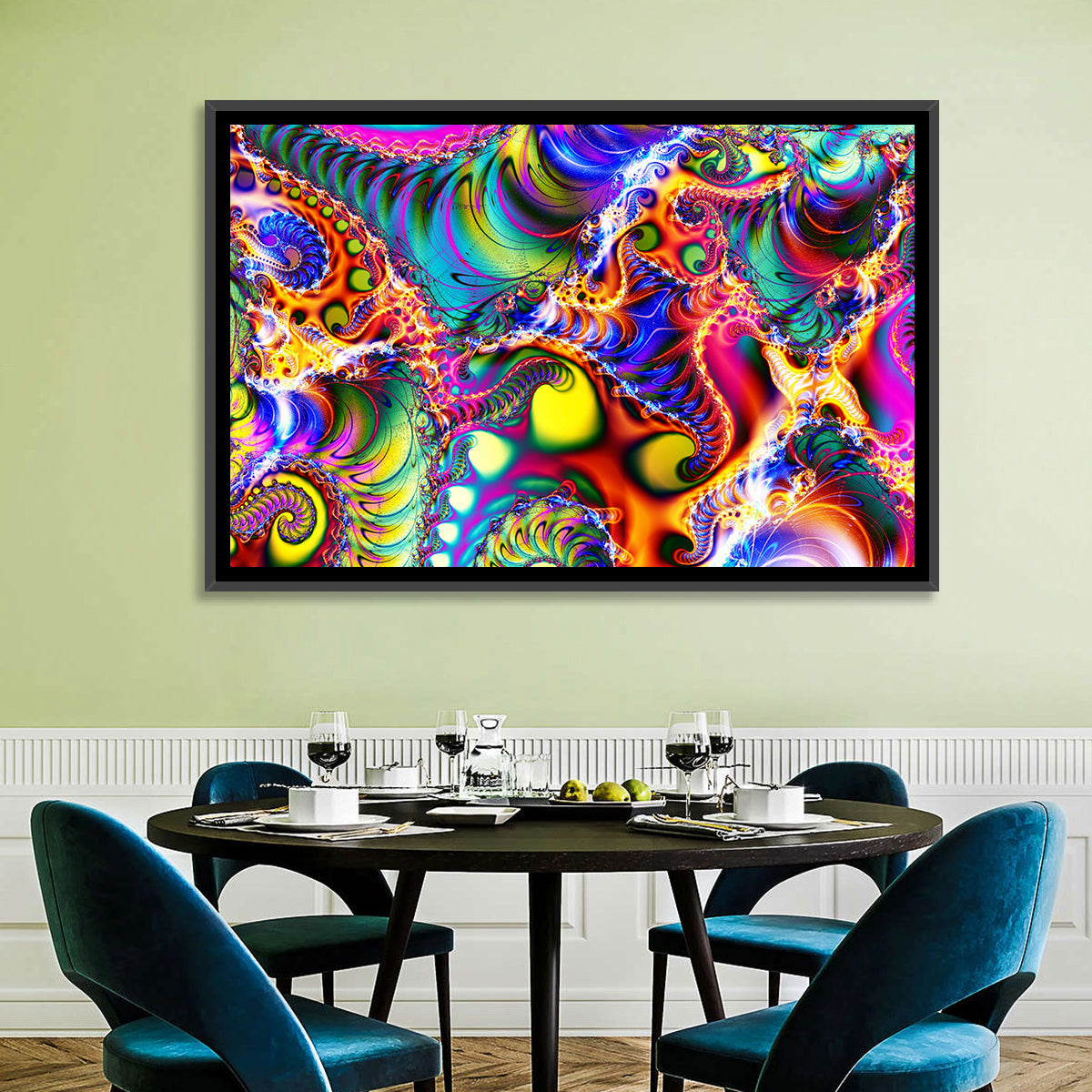 Chromatic Fractal Swirls Wall Art in a room, landscape