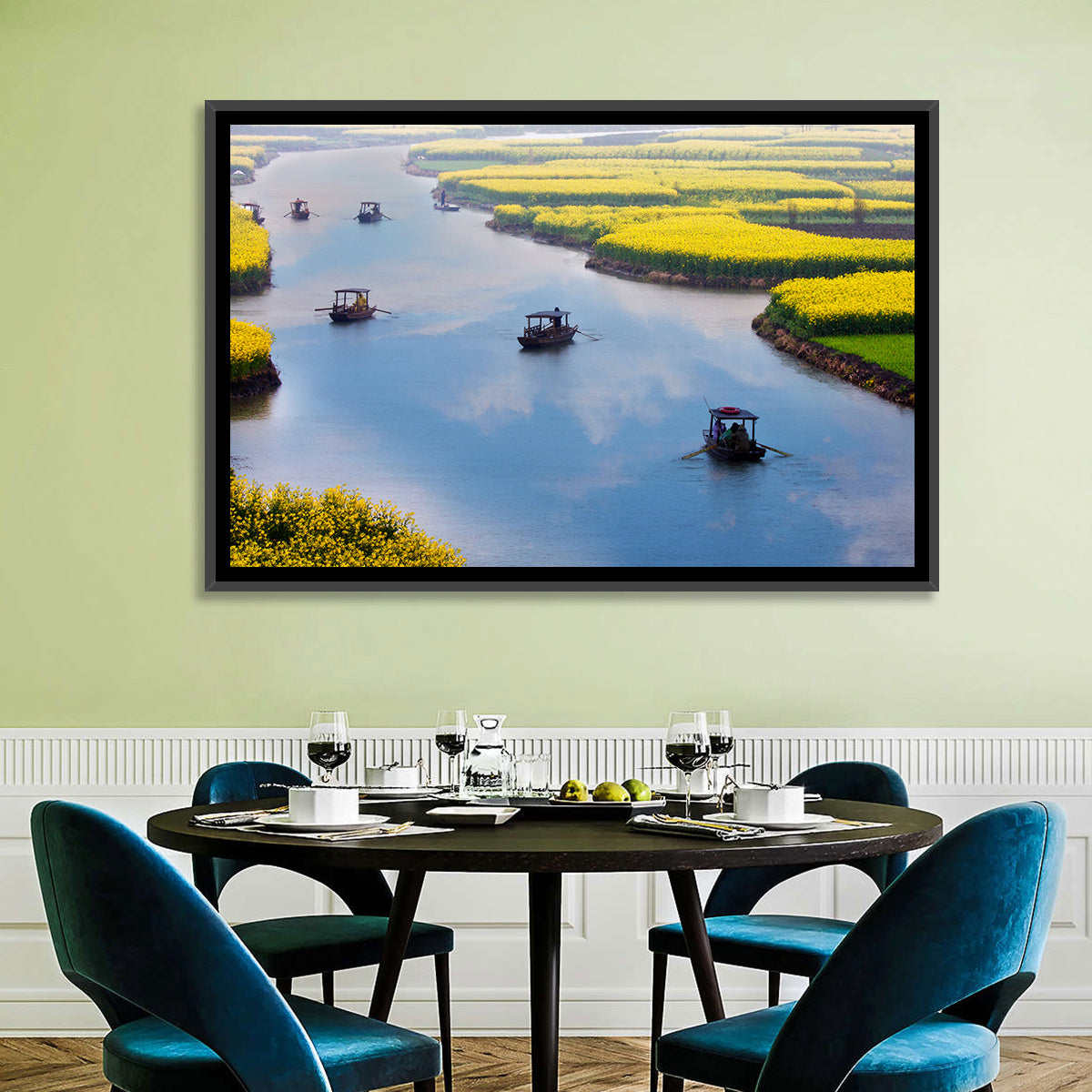 Spring River Rowboats in Rapeseed Fields Wall Art