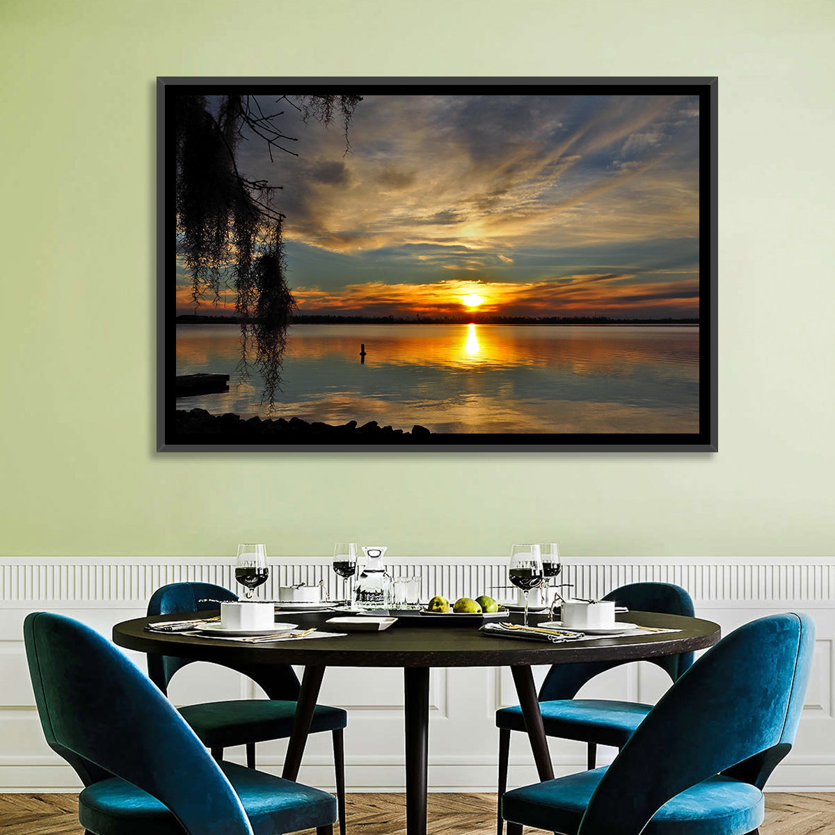 Lake Seminole Sunset Reflection Wall Art in a room, landscape