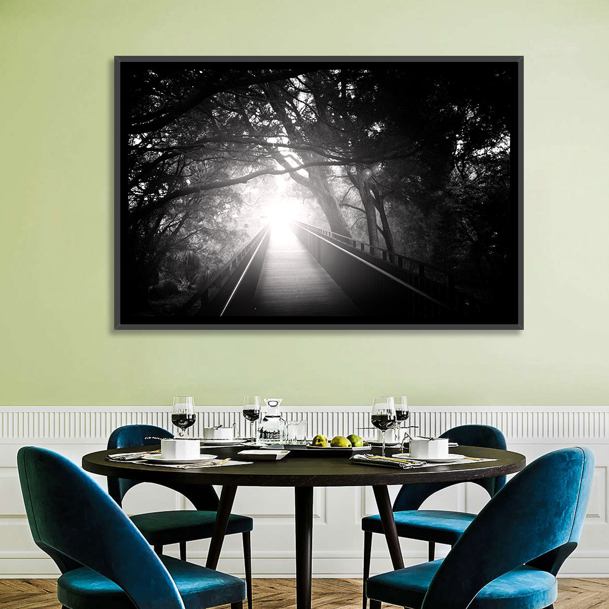 Foggy Forest Bridge Wall Art in a room, landscape