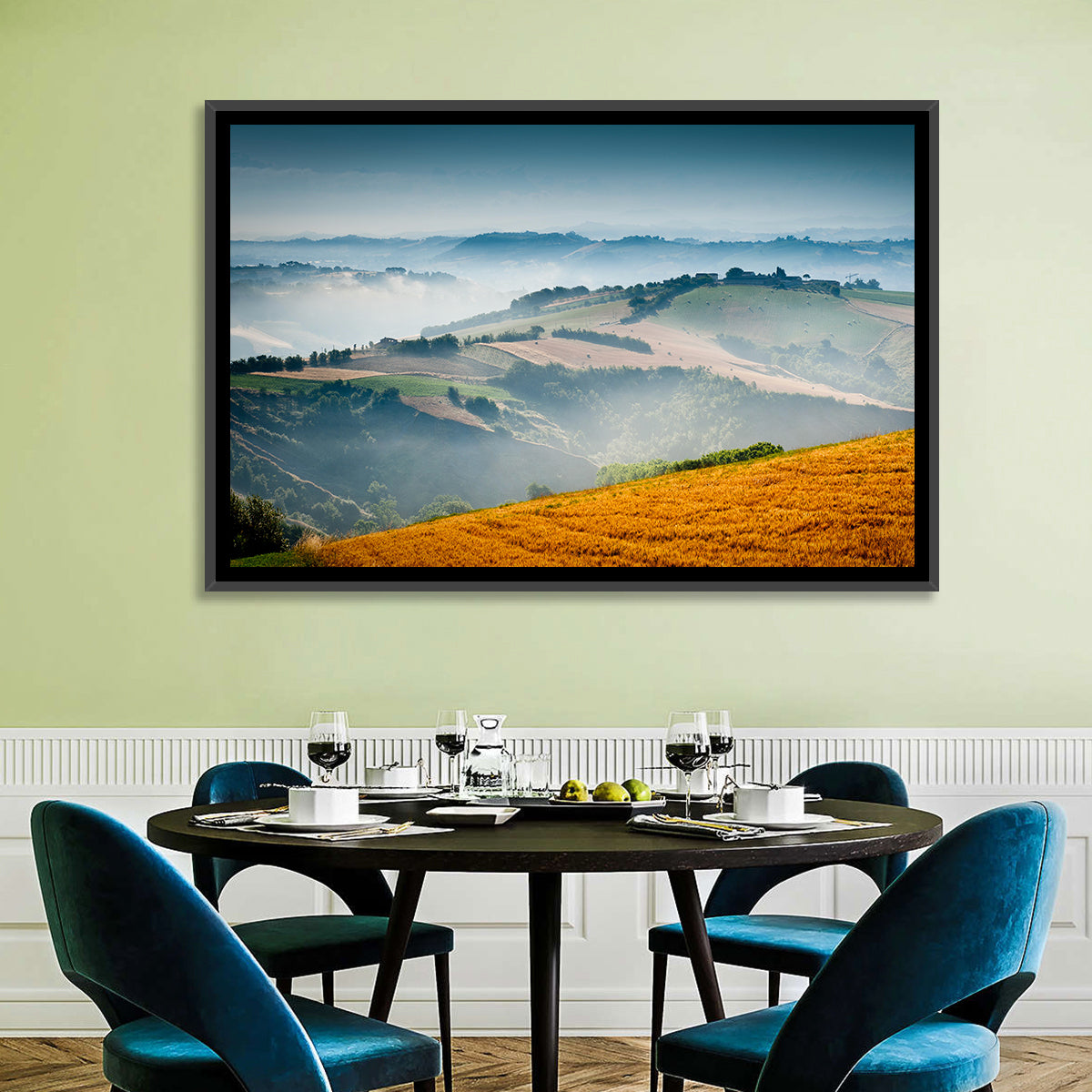 Morning Mist Over Tuscany Wall Art in a room, landscape