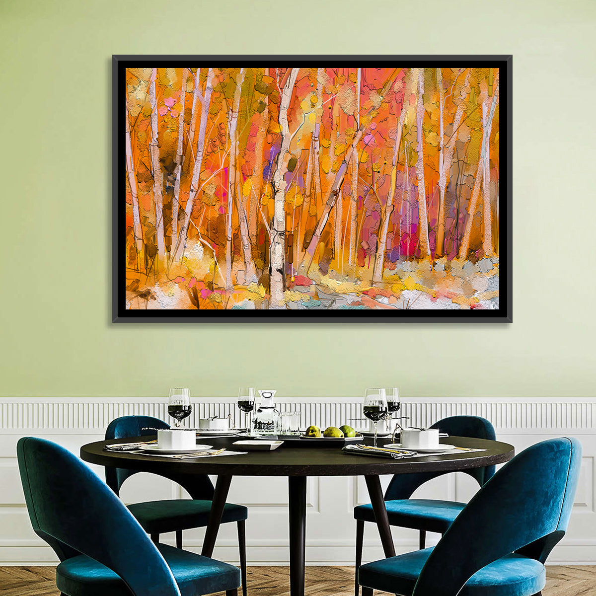 Autumn Birch Grove Painting Wall Art in a room, landscape