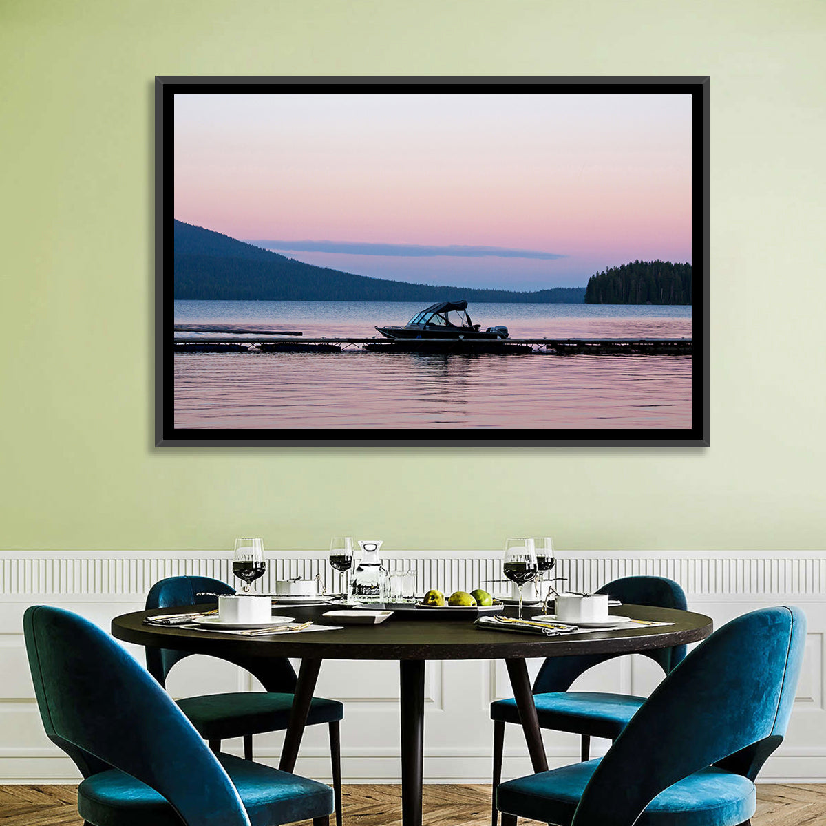 Odell Lake Dock at Twilight Wall Art in a room, landscape