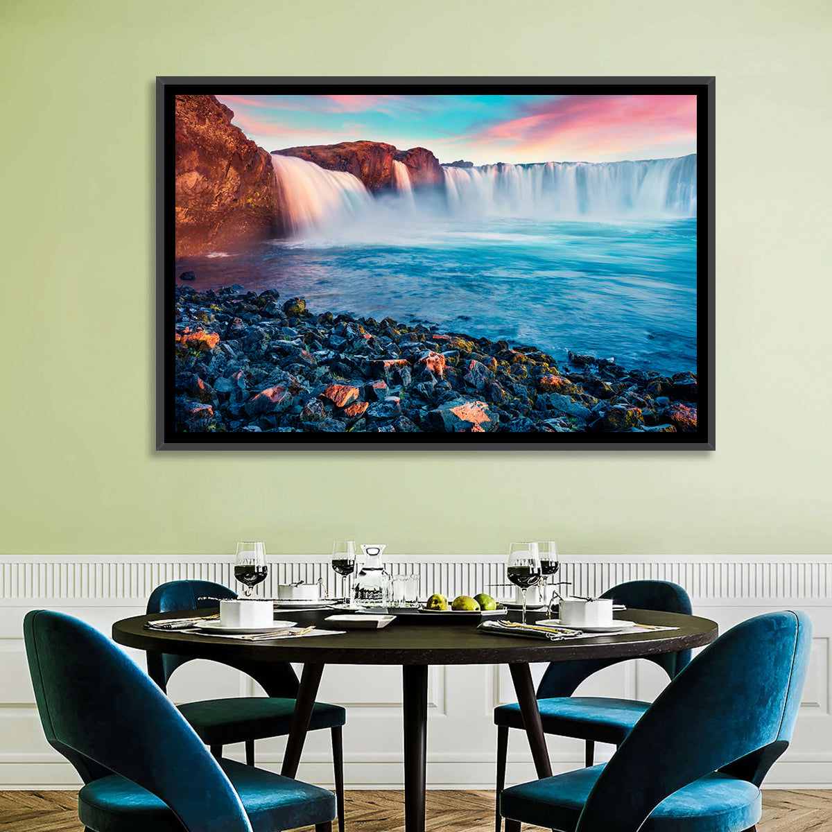 Goðafoss Waterfall at Sunset Wall Art in a room, landscape