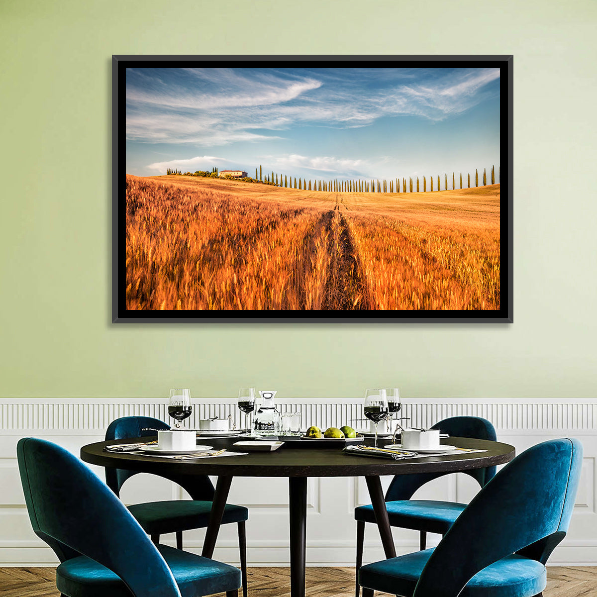 Tuscan Wheat Field Wall Art in a room, landscape