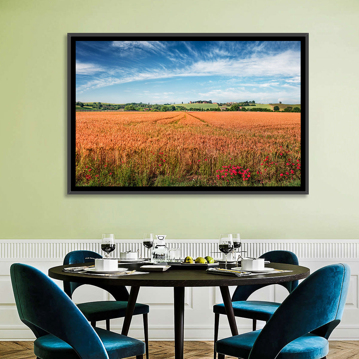 Golden Wheat Field with Poppies Wall Art in a room, landscape