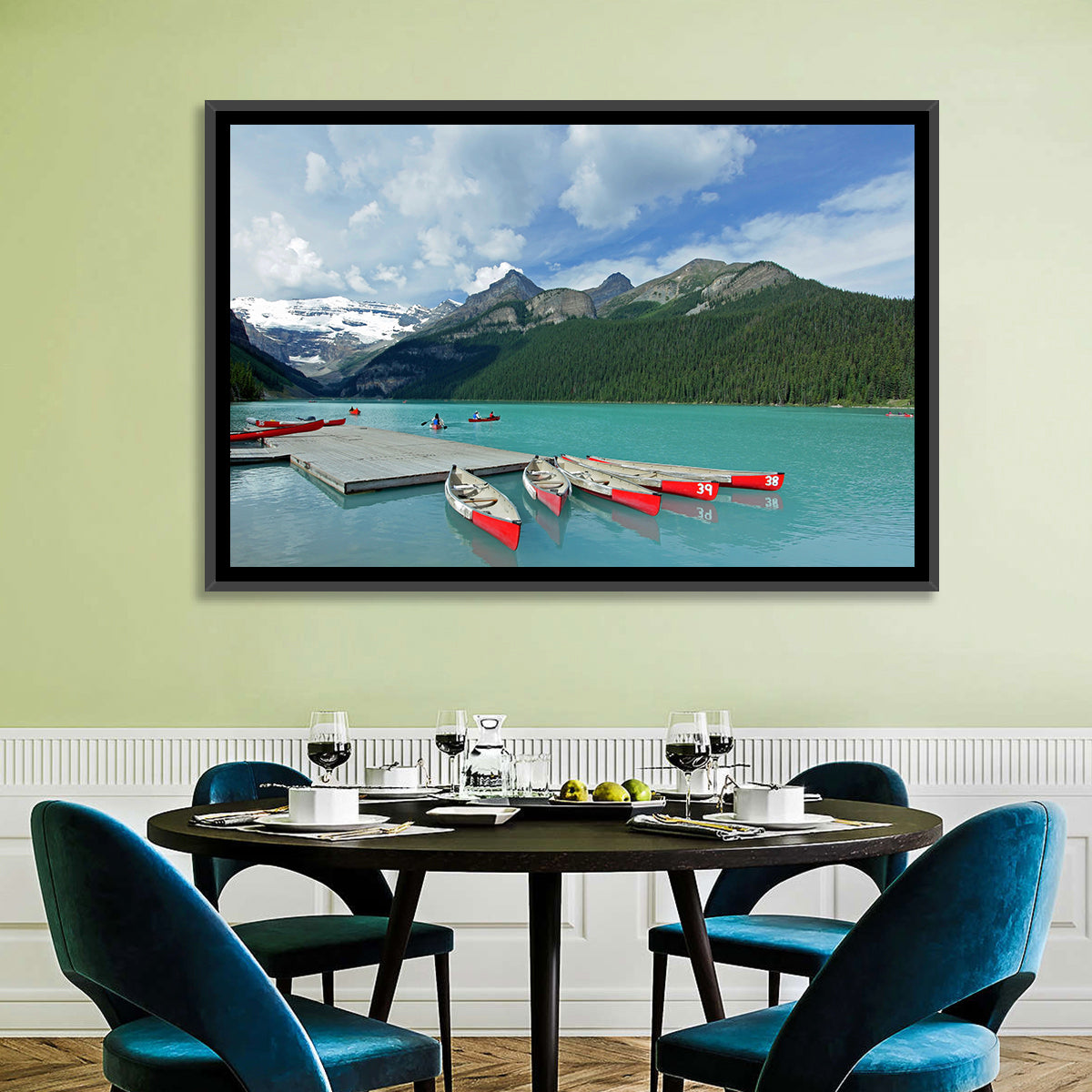 Red Canoes at Lake Louise Wall Art in a room, landscape