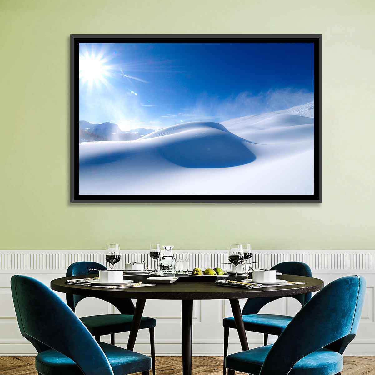 Sunlit Snow Dune Under Blue Sky Wall Art in a room, landscape