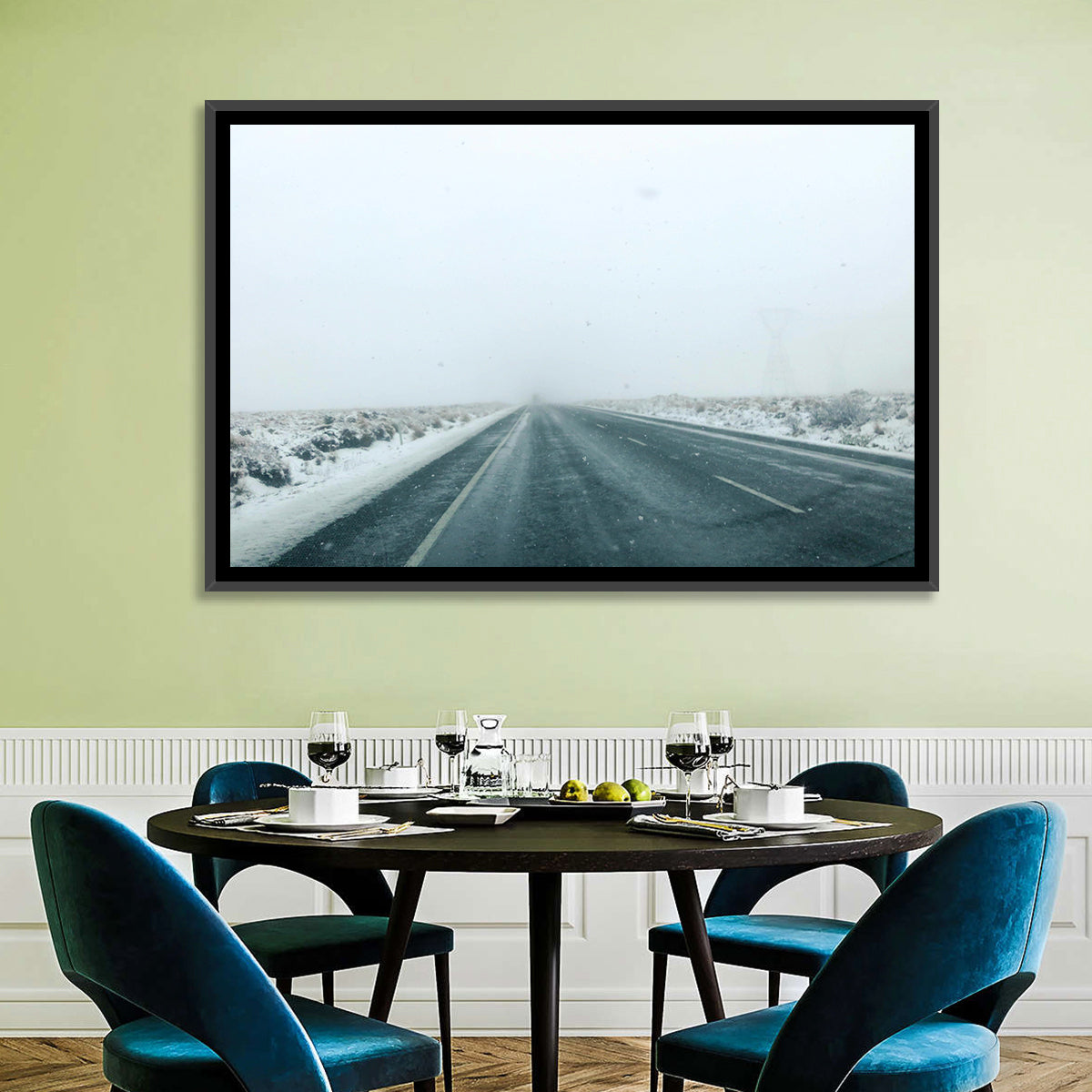 Foggy Winter Mountain Road Wall Art in a room, landscape