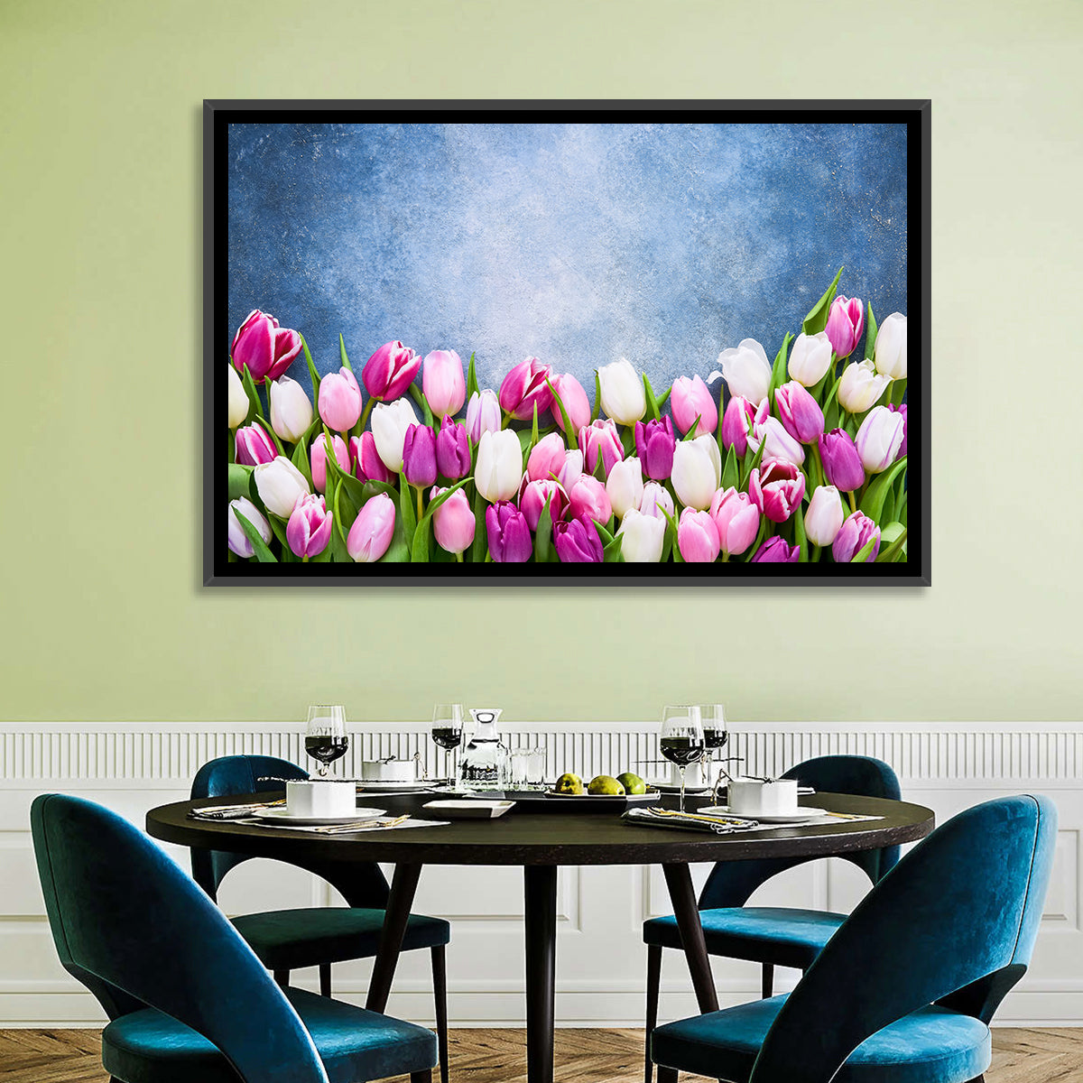 Tulips on Textured Blue Wall Art in a room, landscape