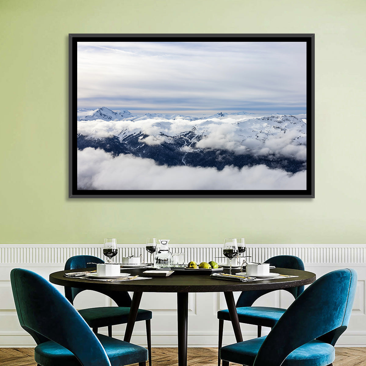 Snow-capped Whistler Peaks Wall Art in a room, landscape