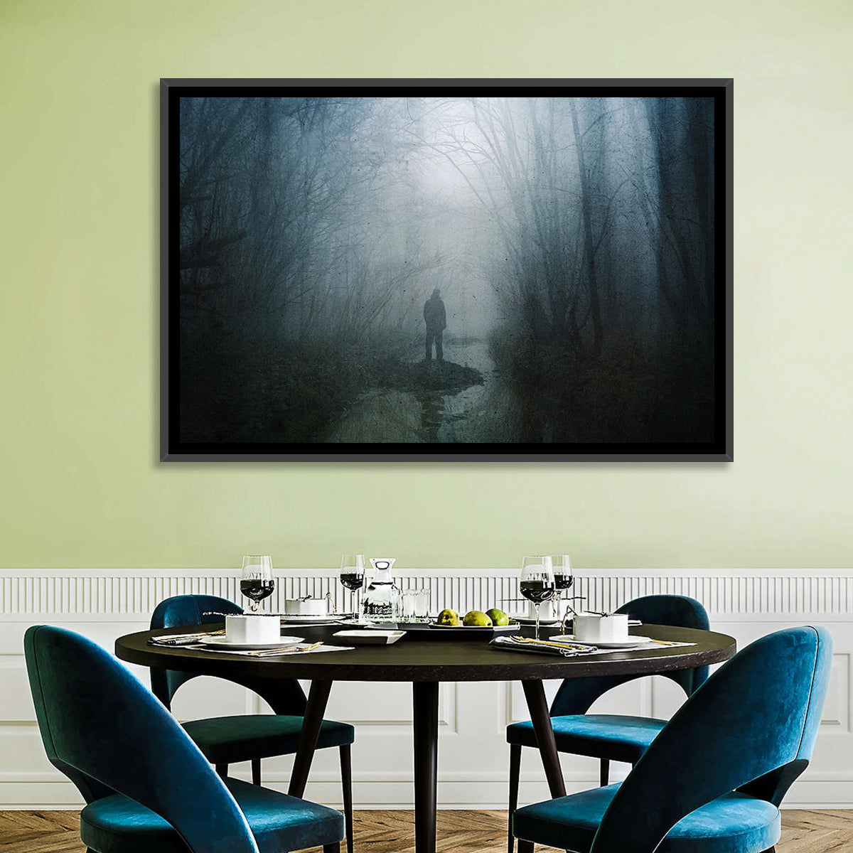 Foggy Forest Pathway Wall Art in a room, landscape