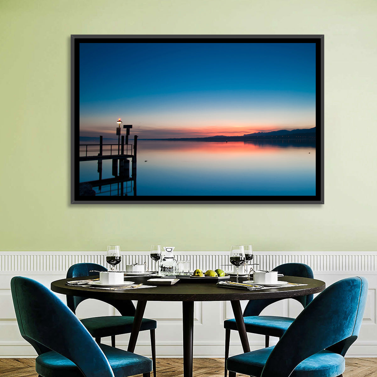 Lake Geneva Sunrise Pier Wall Art in a room, landscape