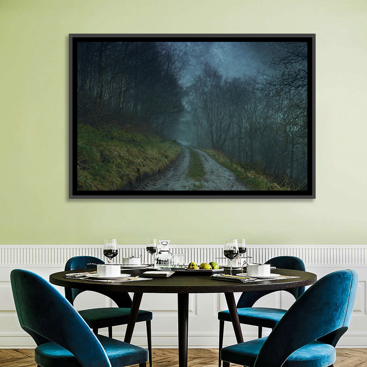 Misty Forest Pathway Wall Art in a room, landscape