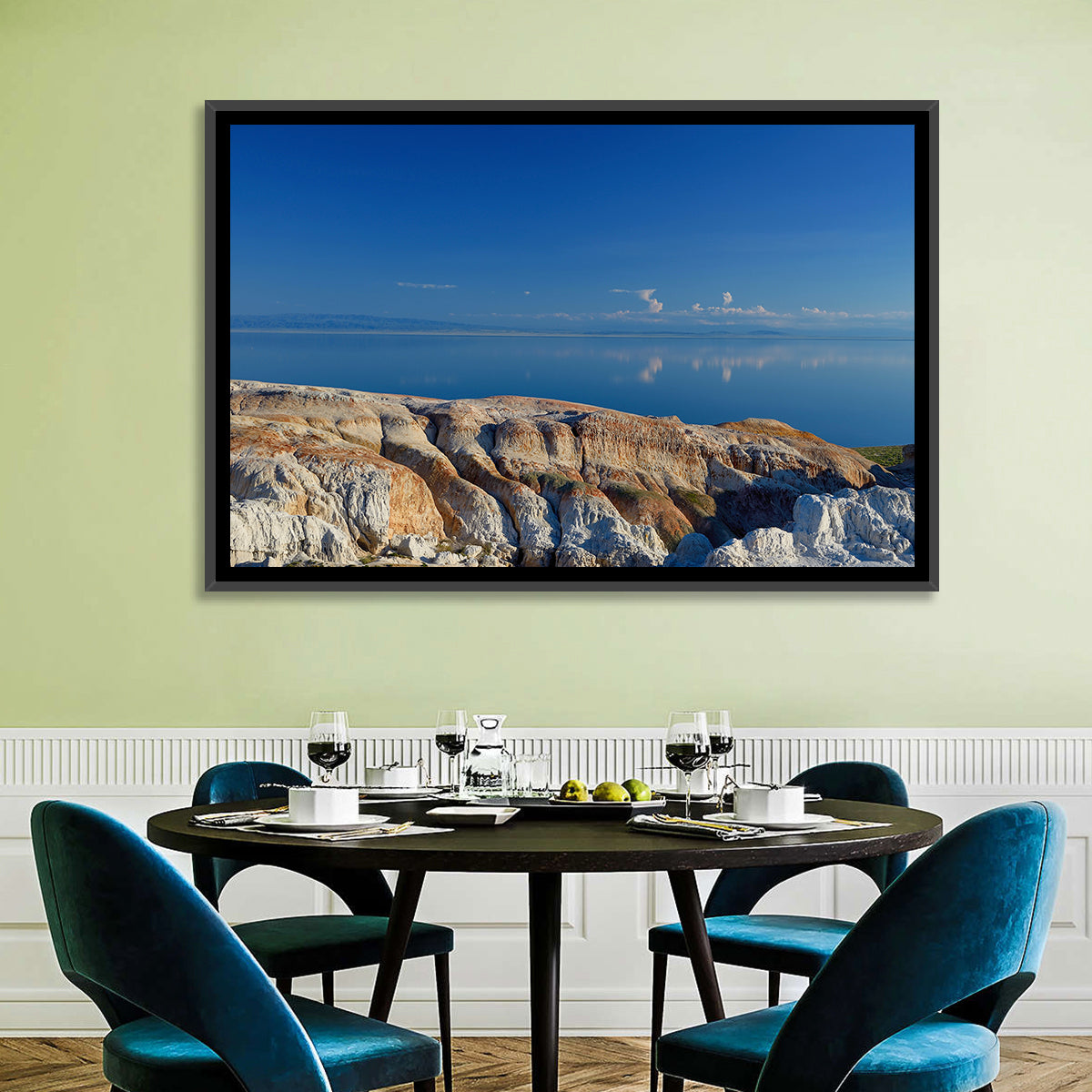 Shekelmes Tract Cliff Over Lake Wall Art in a room, landscape