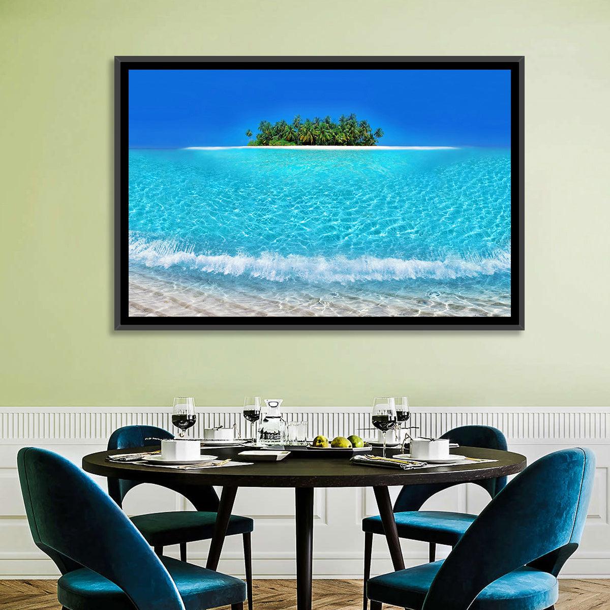Turquoise Atoll Sandbar with Palm Trees Wall Art in a room, landscape
