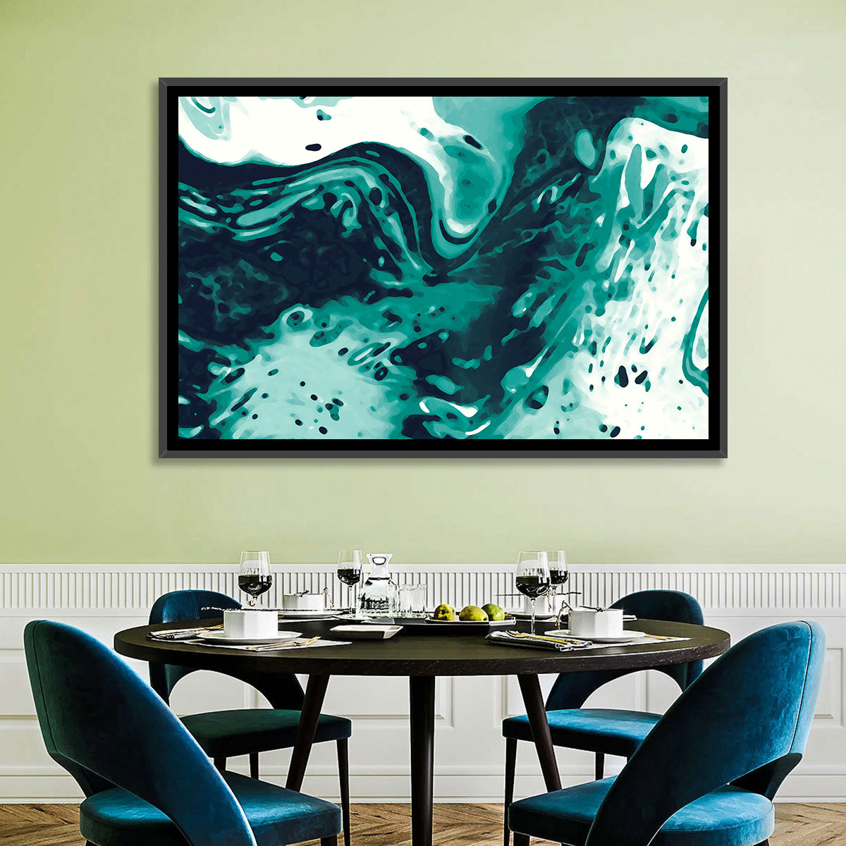Teal Wave Abstract Wall Art in a room, landscape