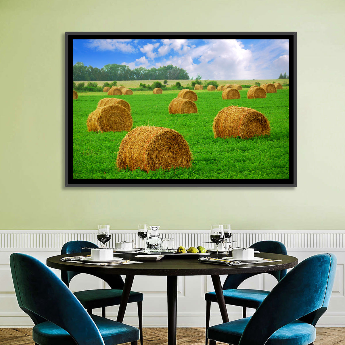Golden Hay Bales in Green Field Wall Art in a room, landscape