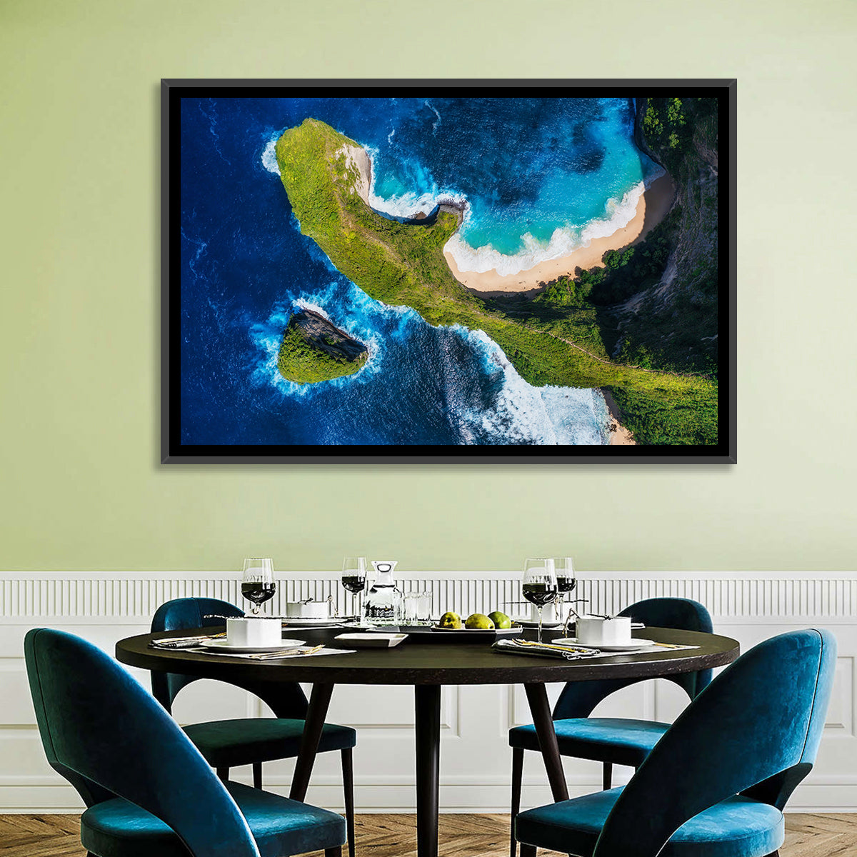 Kelingking Beach Cliffs Wall Art in a room, landscape