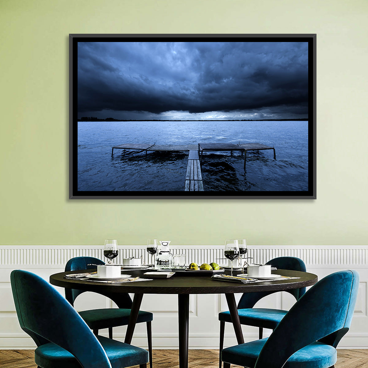 Stormy Lake Pier Wall Art in a room, landscape