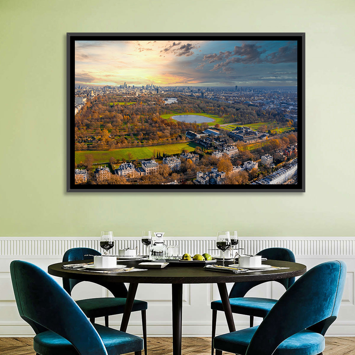 Cloudy Hyde Park Aerial Wall Art in a room, landscape