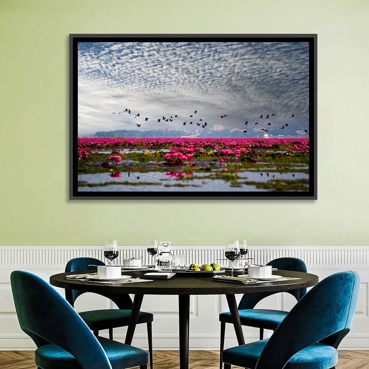 Red Lotus Lake Wall Art in a room, landscape