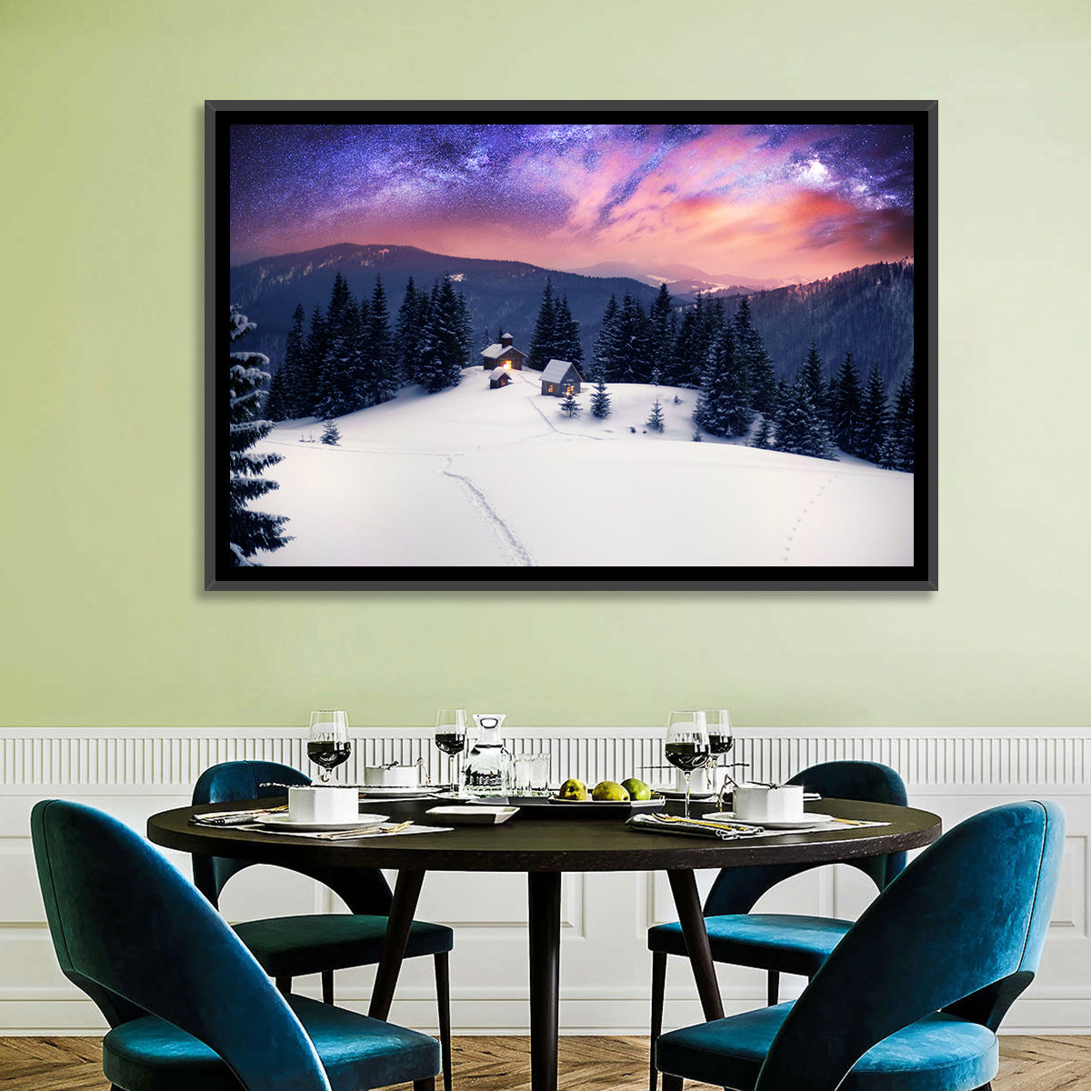 Starry Winter Cabins Under the Milky Way Wall Art in a room, landscape