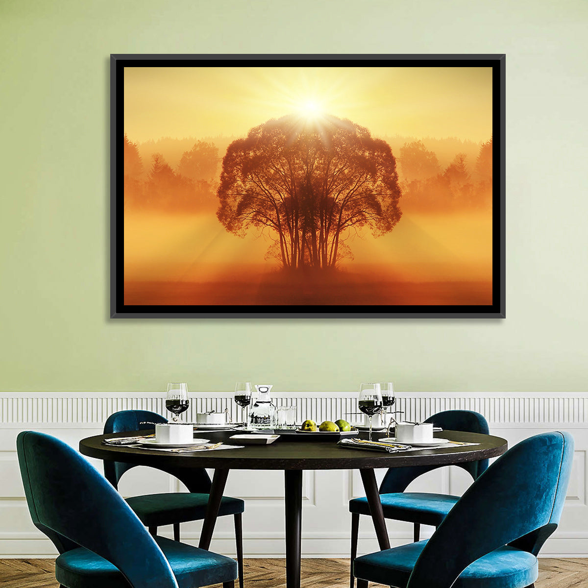 Golden Haze Tree at Sunset Wall Art in a room, landscape