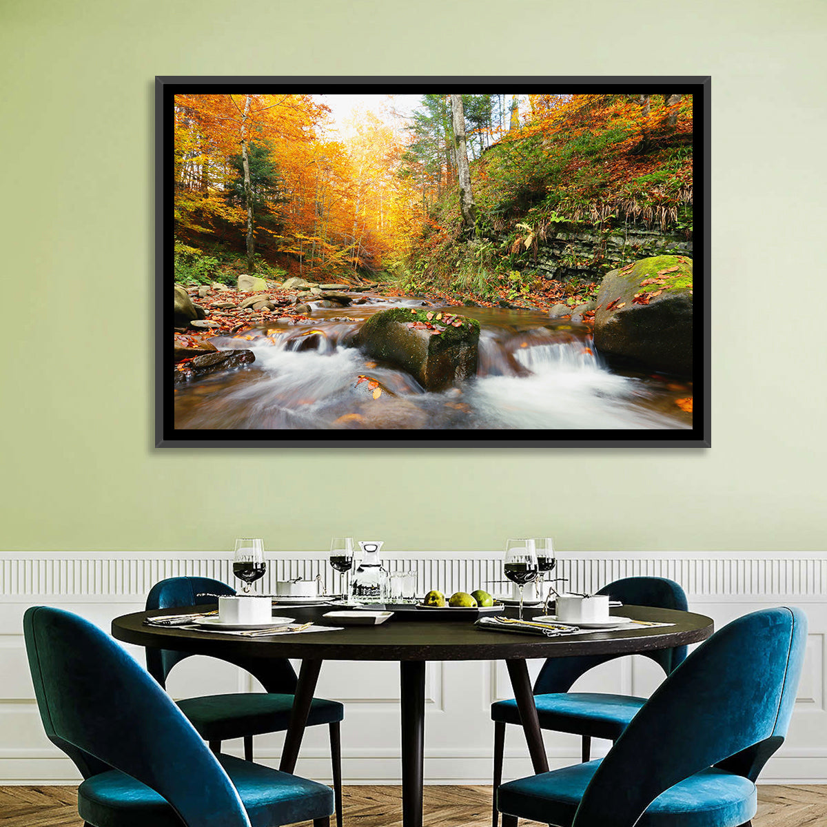 Forest Stream in Autumn Wall Art in a room, landscape