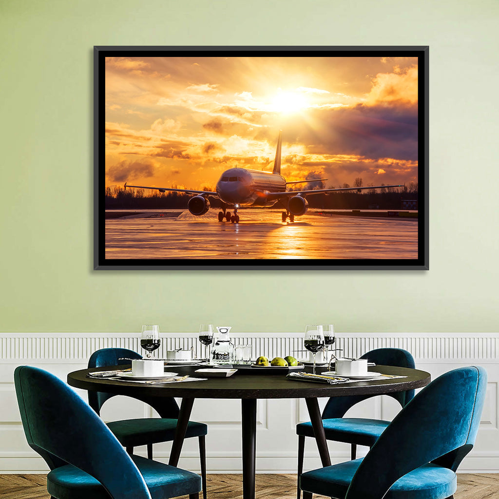 Golden Hour Airliner on Wet Runway Wall Art