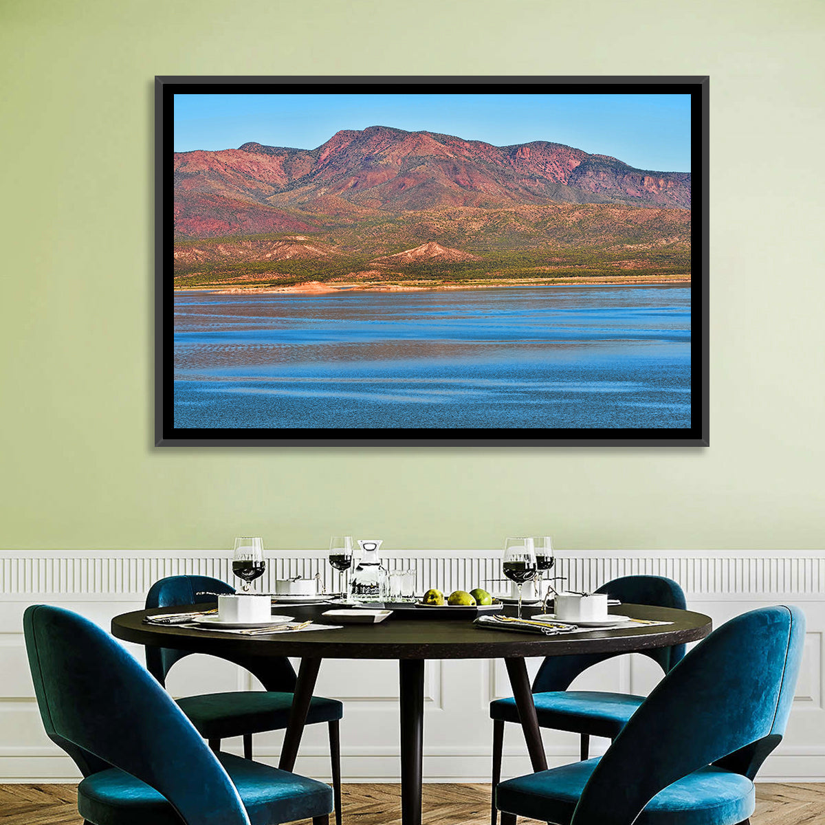Blue Roosevelt Lake Vista Wall Art in a room, landscape