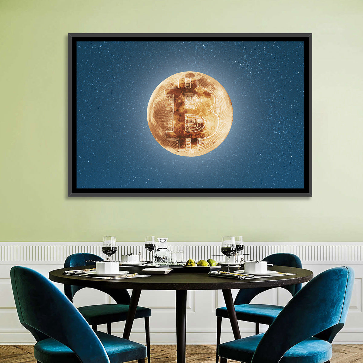 Bitcoin Circuit Moon Wall Art in a room, landscape