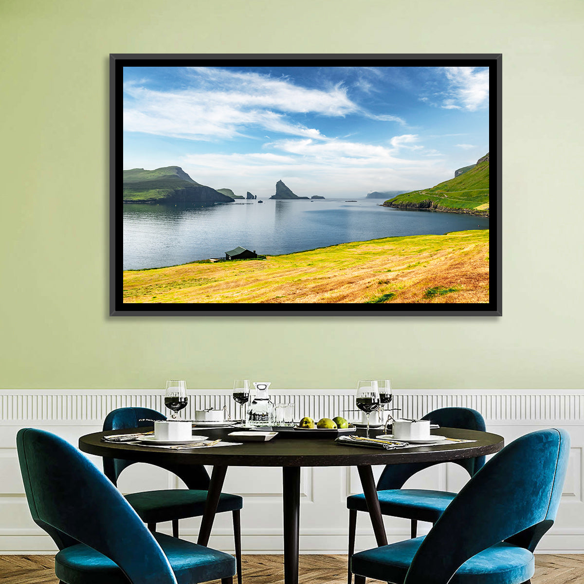 Tindhólmur and Drangarnir Coastal Bay Wall Art in a room, landscape