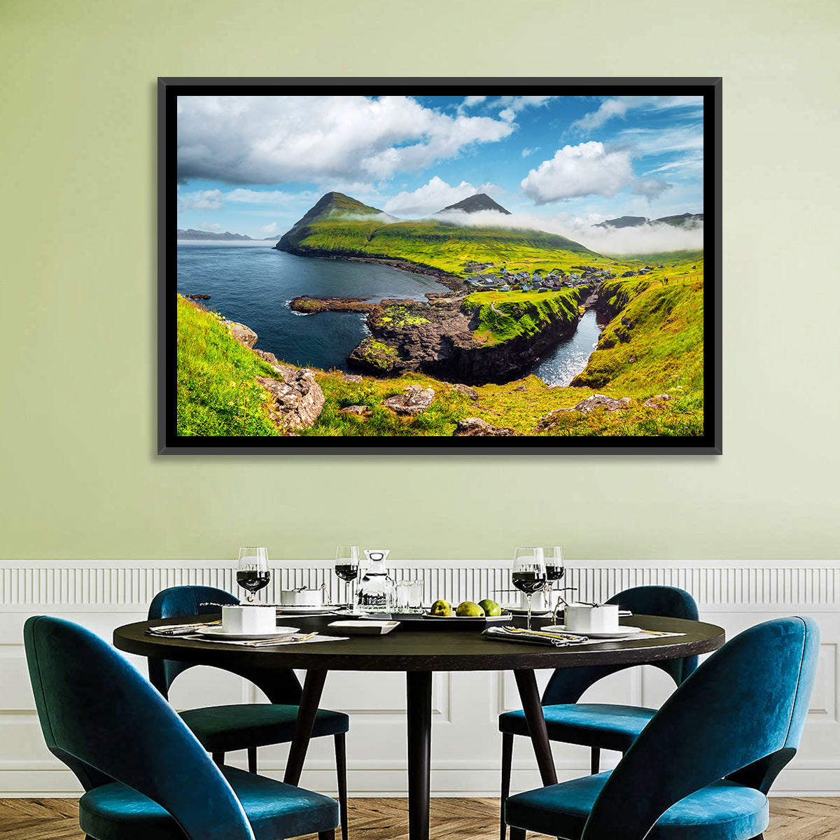 Gjógv Harbor Coastal Village Wall Art in a room, landscape
