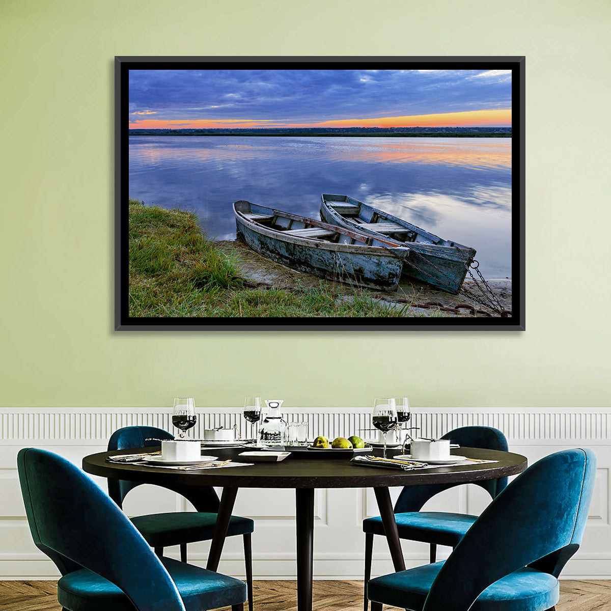 Chained Rowboats at Dusk Wall Art in a room, landscape