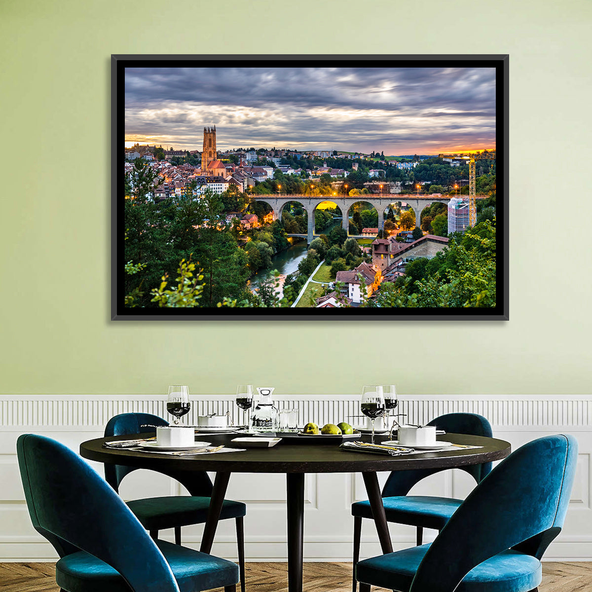 Zähringen Bridge at Twilight, Fribourg Wall Art in a room, landscape
