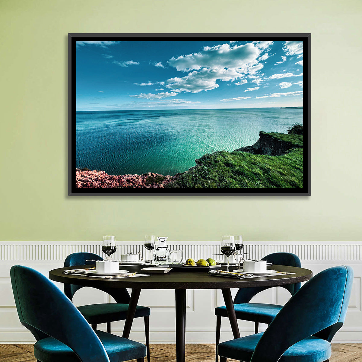 Coastal Cliffs Above a Turquoise Sea Wall Art in a room, landscape