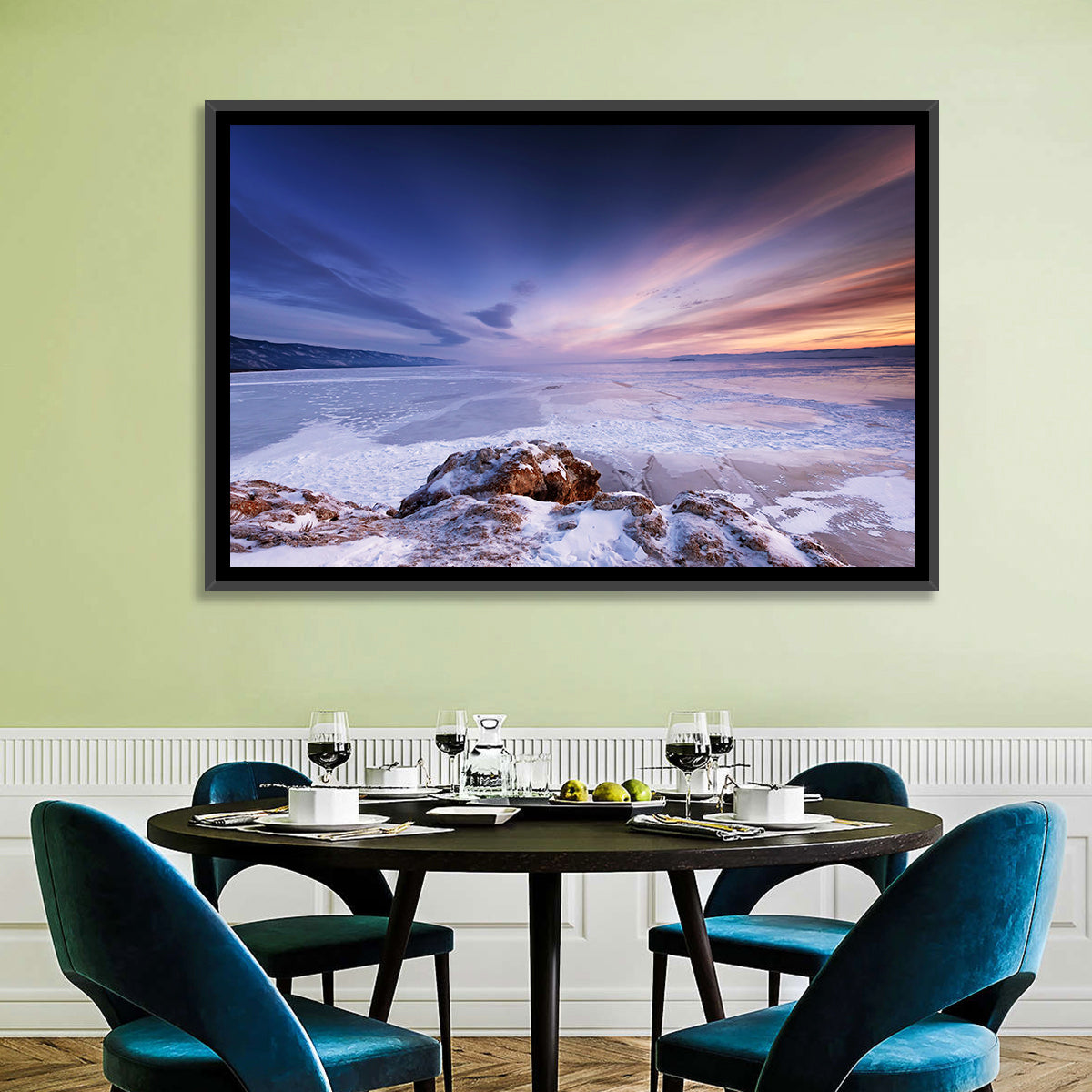 Frozen Lake Ice and Sunset Sky Wall Art in a room, landscape
