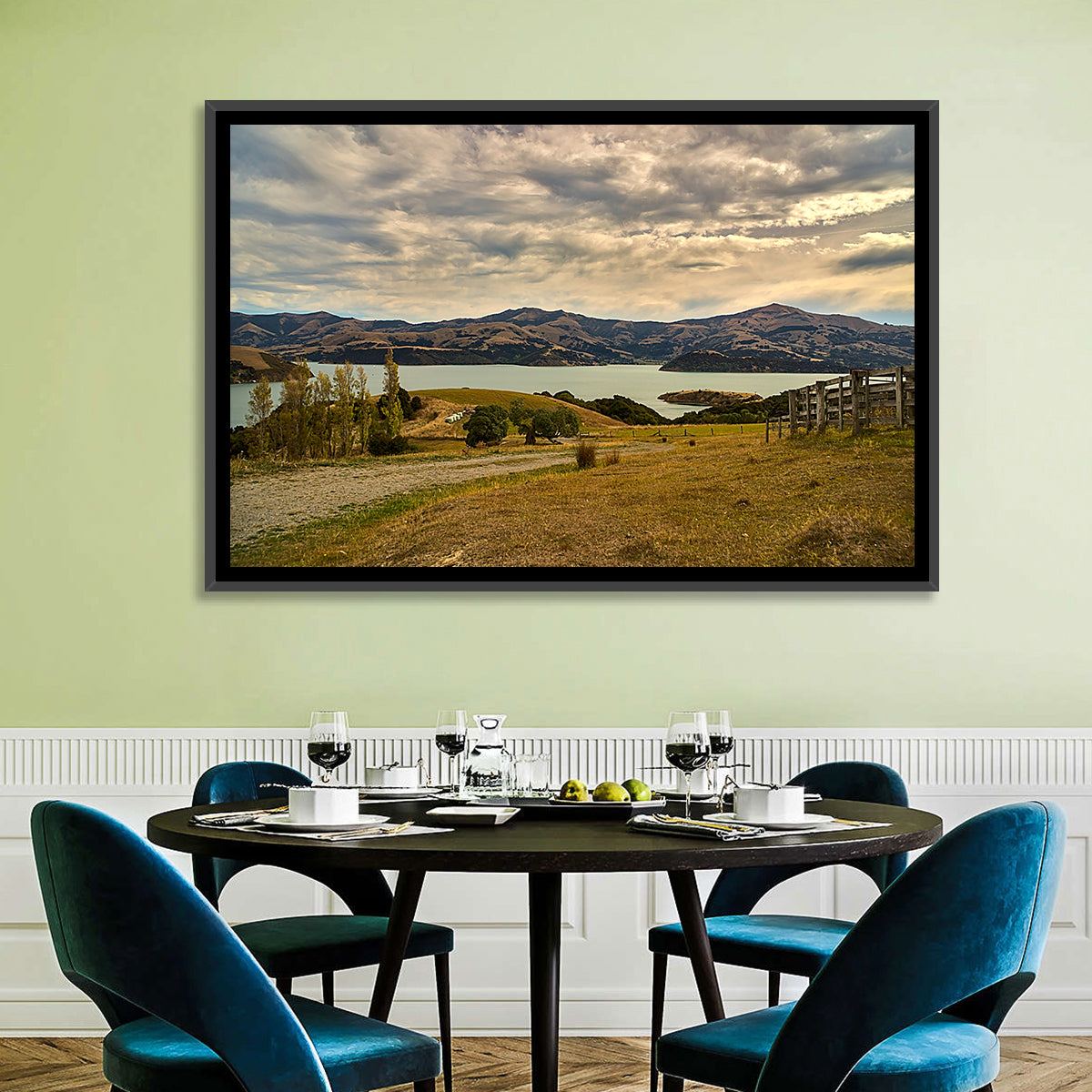 Akaroa Lake Gravel Path View Wall Art in a room, landscape