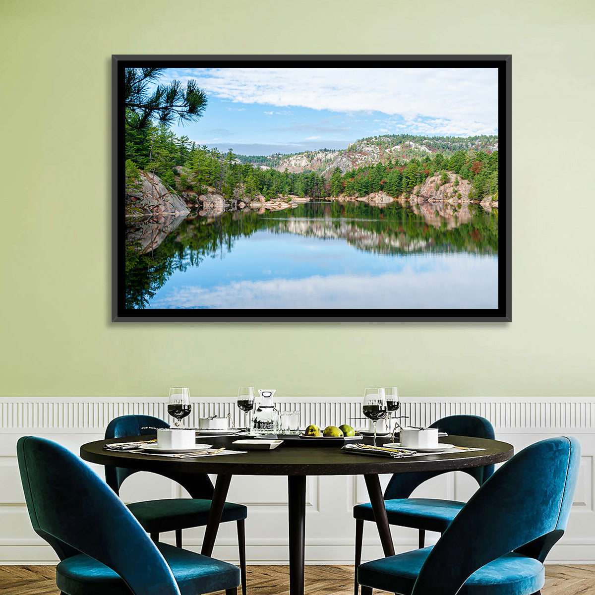 Mirror-quiet Lake and Pines Wall Art in a room, landscape