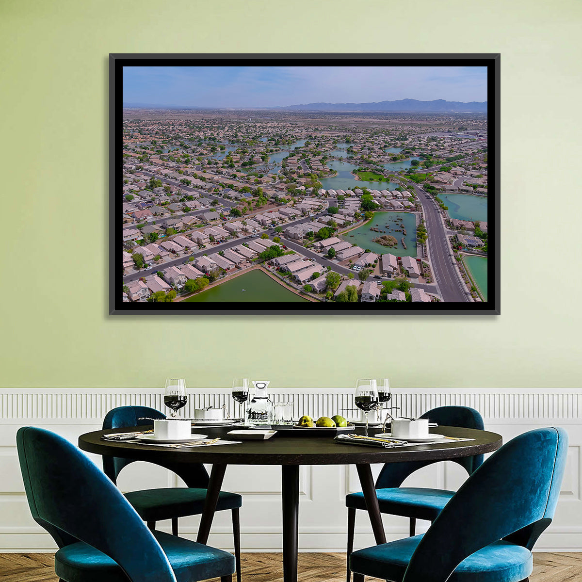Aerial Desert Suburb with Lakes Wall Art in a room, landscape