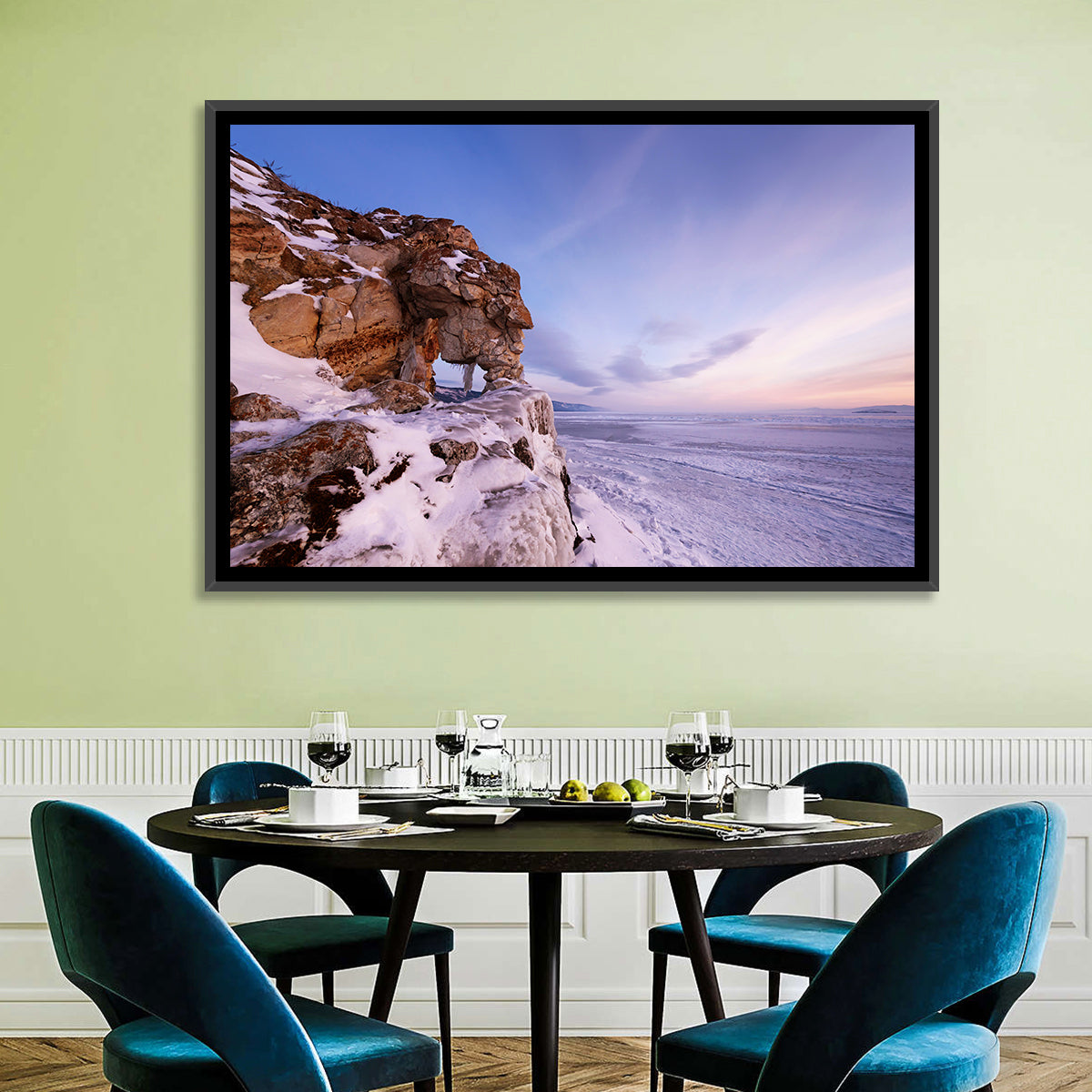 Lake Baikal Rock Arch at Winter Twilight Wall Art in a room, landscape